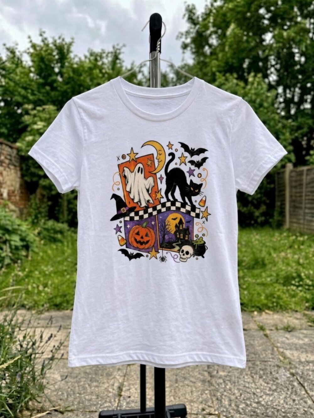 Halloween Collage Cards Black Cat Bats Graphic T-Shirt Gildan Cotton Women Tee